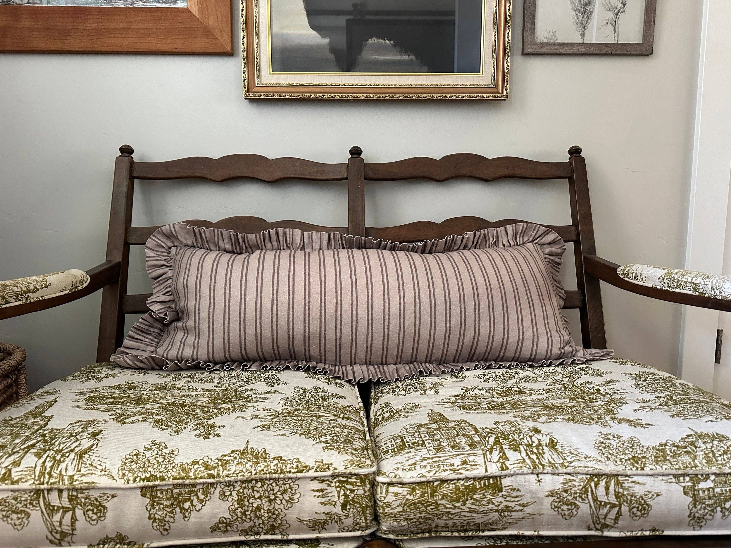 Oatmeal Striped-Ruffle Lumbar Pillow Cover: 14x35 Cover Only