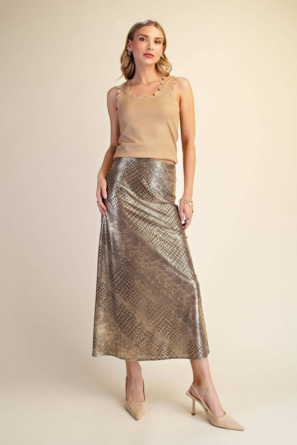 Metallic Animal Print Midi Skirt: Silver / S