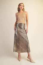 Metallic Animal Print Midi Skirt: Silver / S