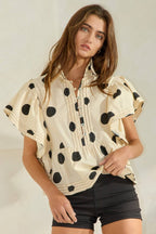 Ruffle Sleeves Pintuck Detail Polka Dot