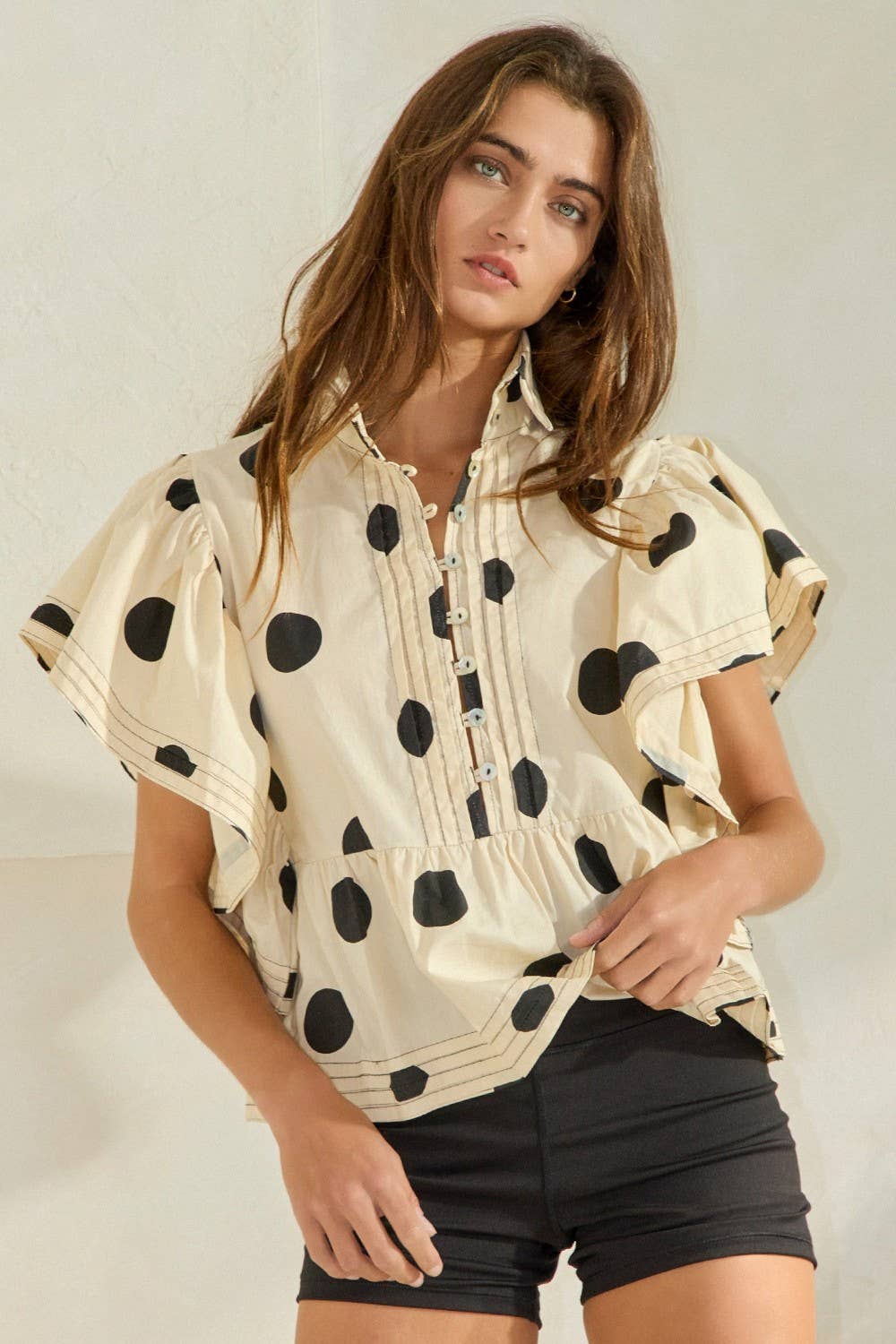 Ruffle Sleeves Pintuck Detail Polka Dot