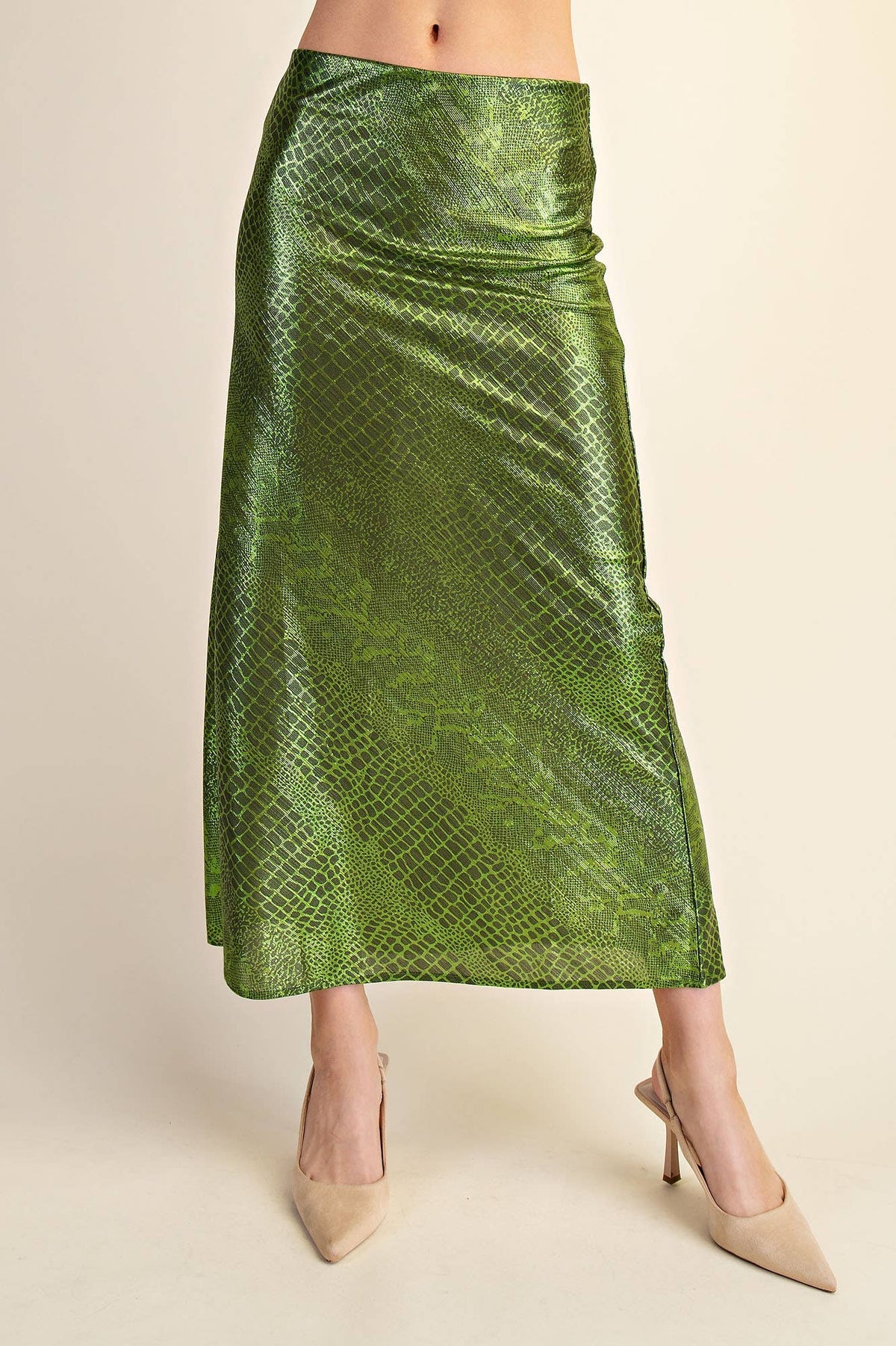 Metallic Animal Print Midi Skirt: Silver / M