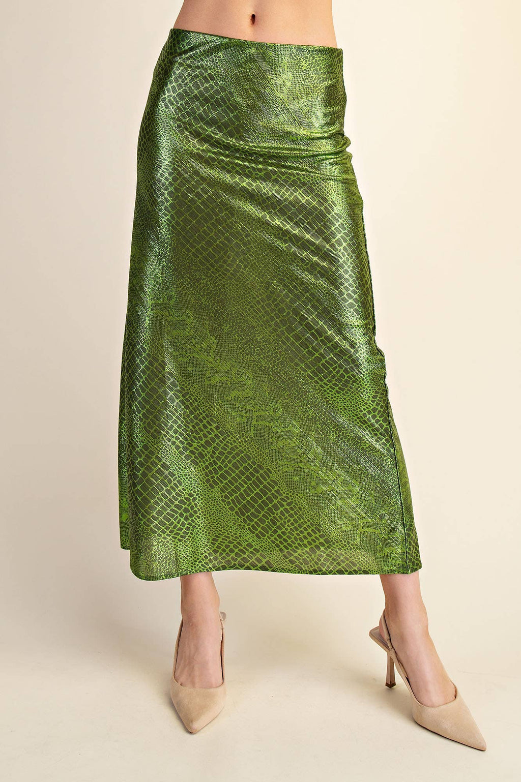 Metallic Animal Print Midi Skirt: Silver / S