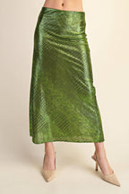 Metallic Animal Print Midi Skirt: Silver / S