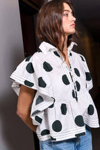 Ruffle Sleeves Pintuck Detail Polka Dot