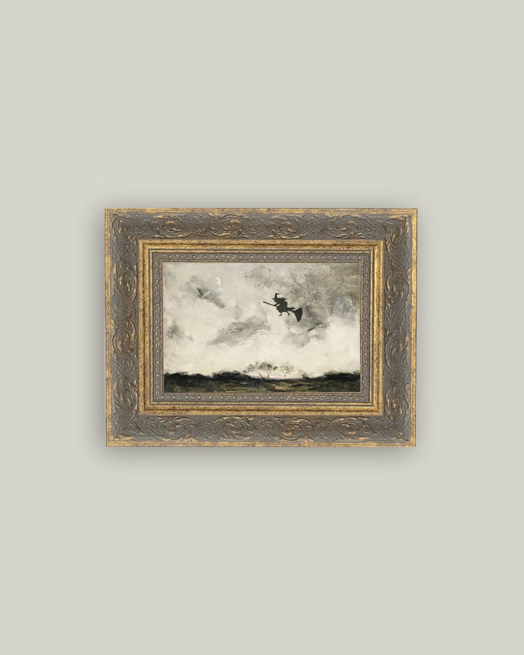 Witch Flying Through The Night Framed Antique Art: 10x8