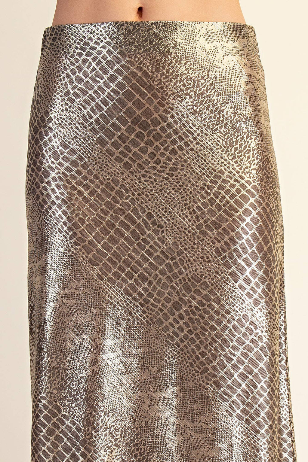 Metallic Animal Print Midi Skirt: Silver / M