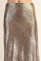 Metallic Animal Print Midi Skirt: Silver / S