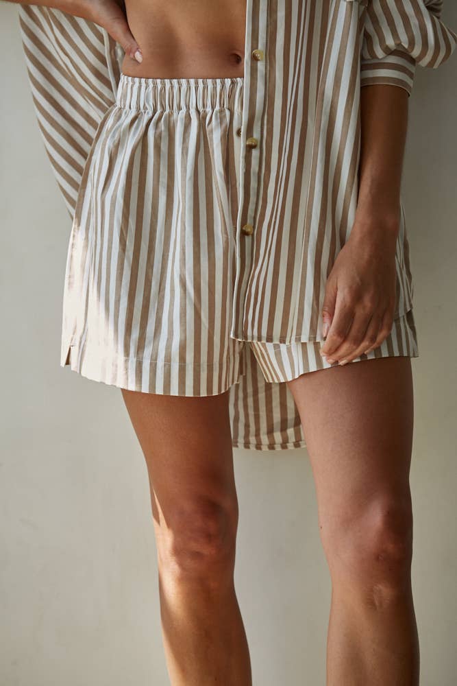 Cotton Striped Wide Leg Shorts Taupe