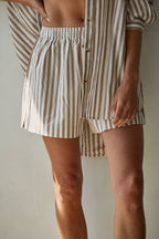 Cotton Striped Wide Leg Shorts Taupe