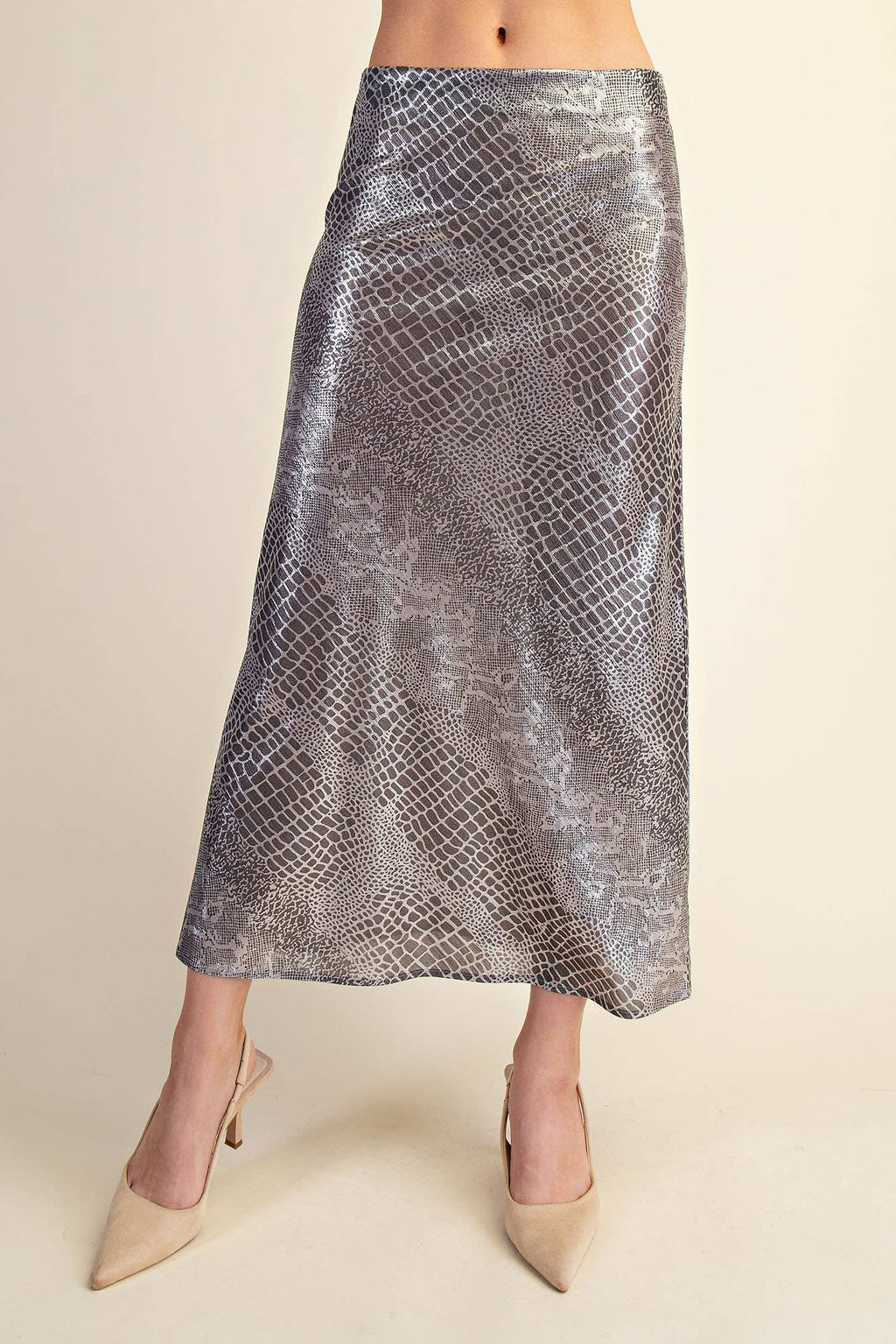 Metallic Animal Print Midi Skirt: Silver / L