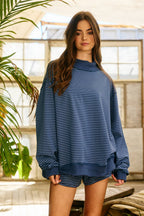 IT2594-STRIPE1 | Stripe Print Mock Neck Oversized Sweatshirt: PEACH / BLUE / S/M-L/XL (3-3)