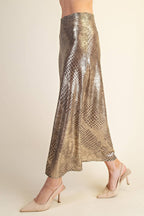 Metallic Animal Print Midi Skirt: Silver / L