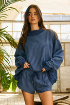 IT2594-STRIPE1 | Stripe Print Mock Neck Oversized Sweatshirt: PEACH / BLUE / S/M-L/XL (3-3)