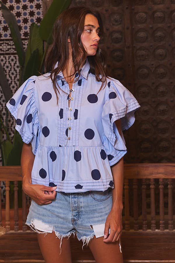 Ruffle Sleeves Pintuck Detail Polka Dot