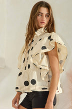Ruffle Sleeves Pintuck Detail Polka Dot