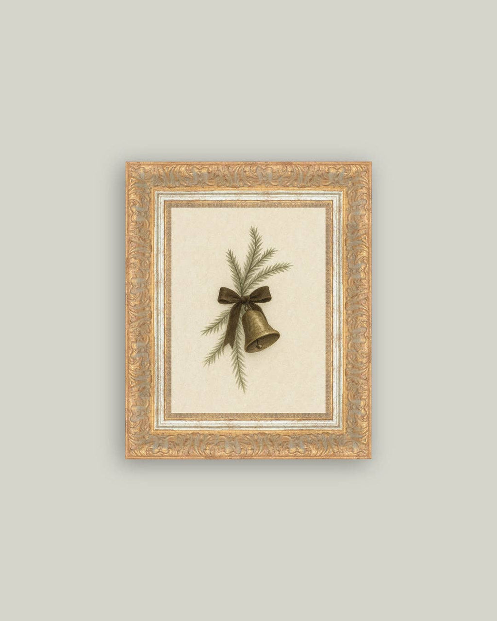 Bell with Pine Framed Antique Art: 7x9