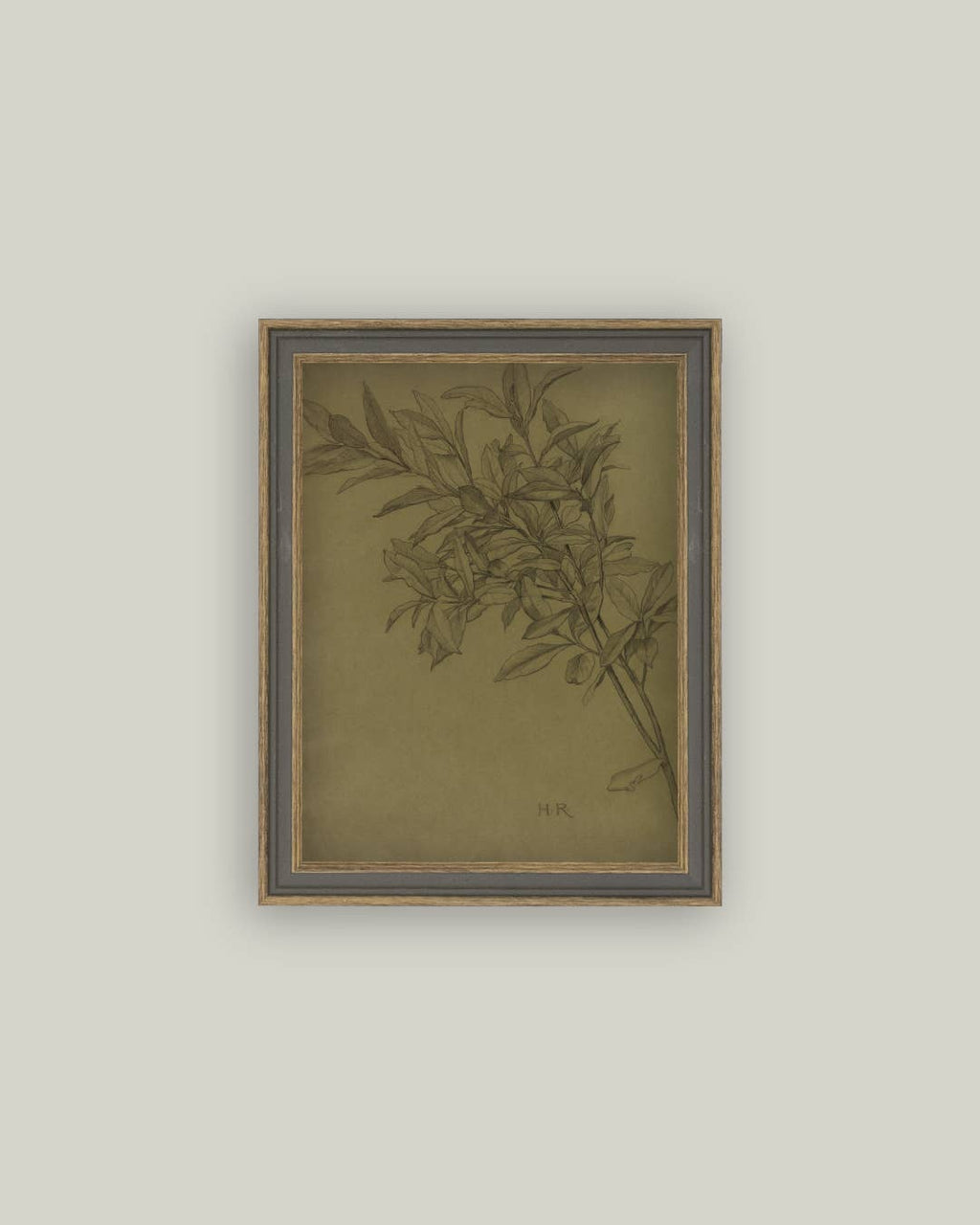 Leaves On Green Framed Antique Art: 7x9