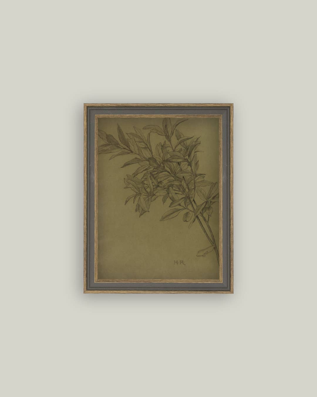 Leaves On Green Framed Antique Art: 11x15