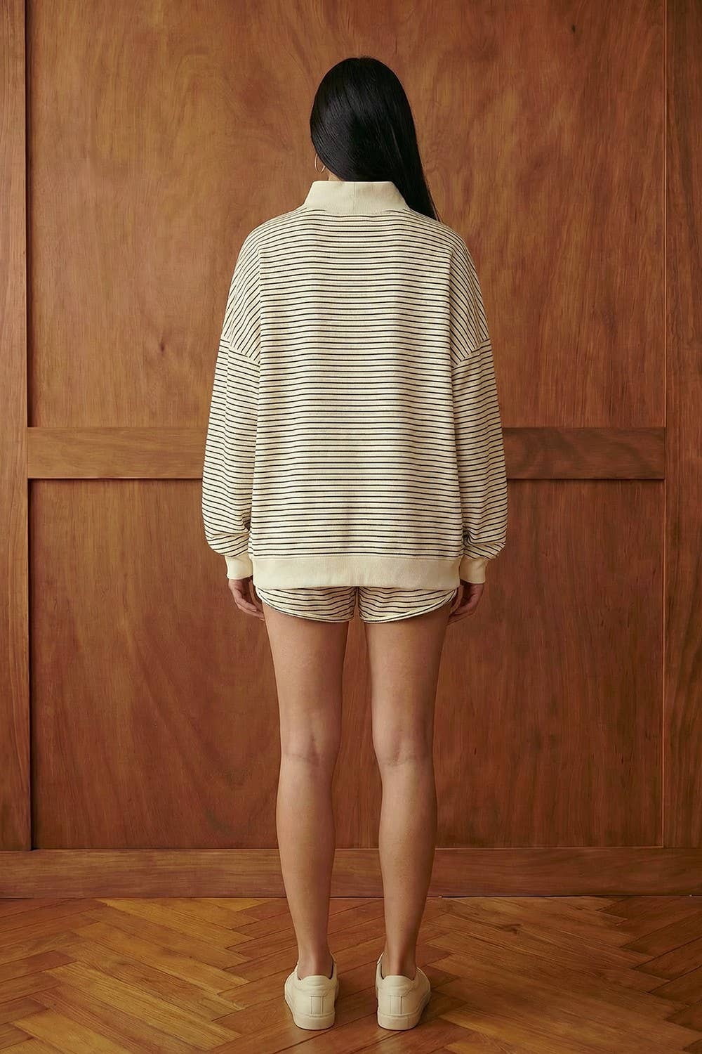 IP5425-2C | Stripe Print Drawstring Dolphin Shorts: PEACH / BLUE / S-M-L (2-2-2)