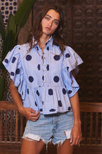 Ruffle Sleeves Pintuck Detail Polka Dot