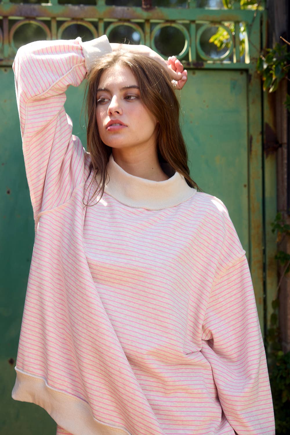 IT2594-STRIPE1 | Stripe Print Mock Neck Oversized Sweatshirt: PEACH / BLUE / S/M-L/XL (3-3)