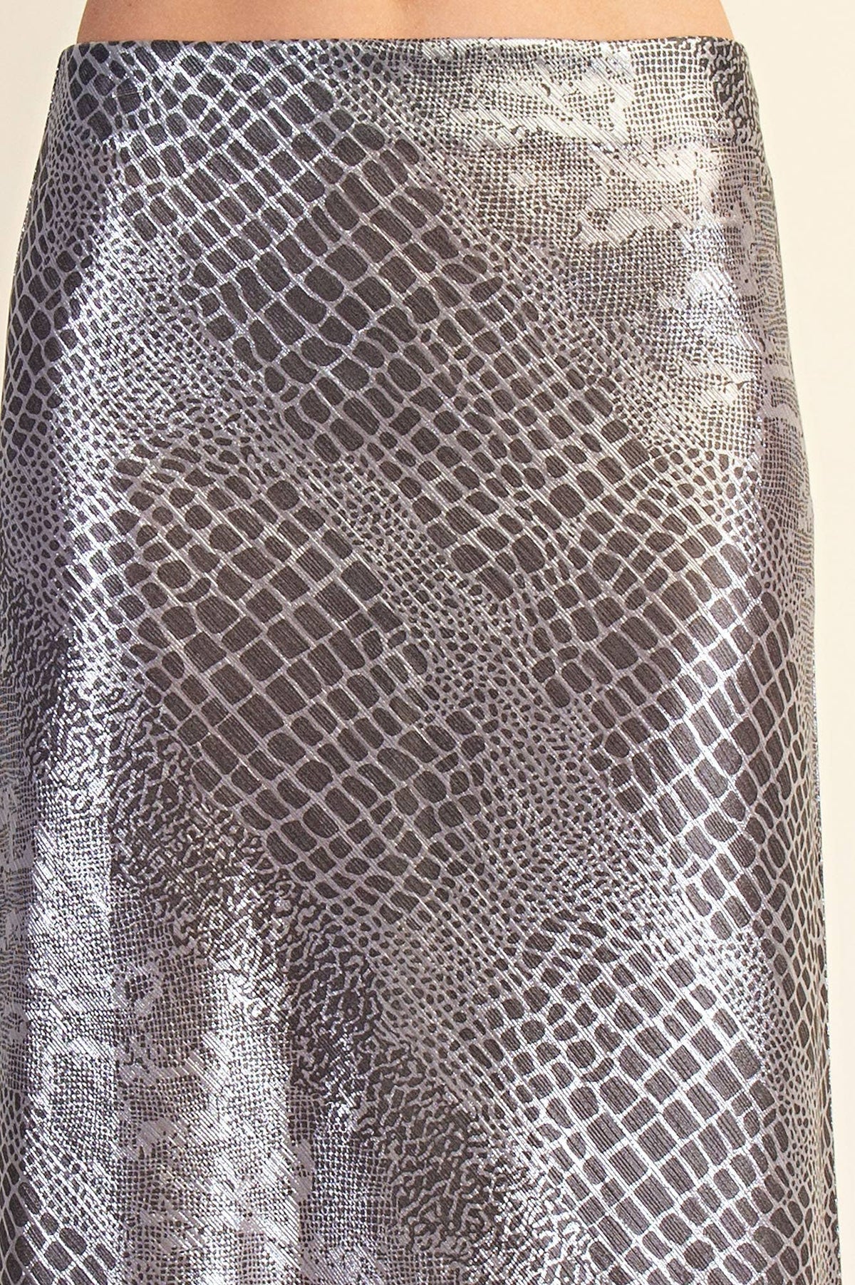 Metallic Animal Print Midi Skirt: Silver / S