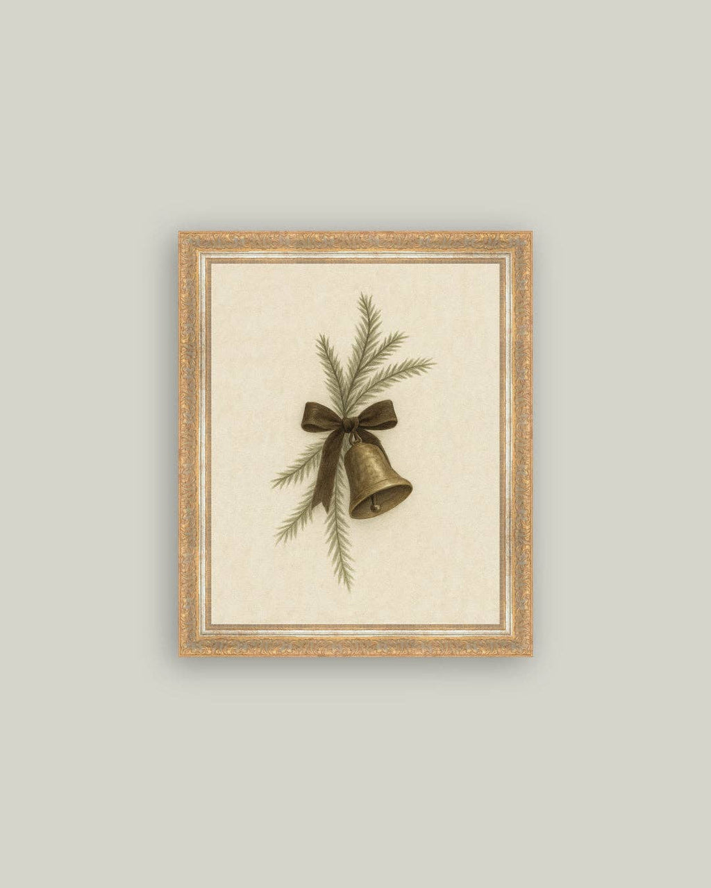 Bell with Pine Framed Antique Art: 7x9