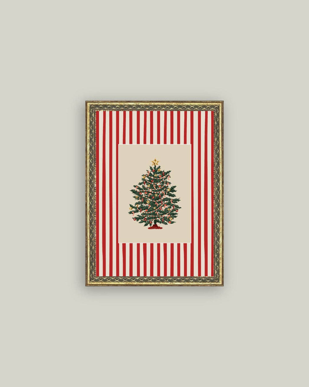 Peppermint Stripe Tree Framed Antique Art: 8x10