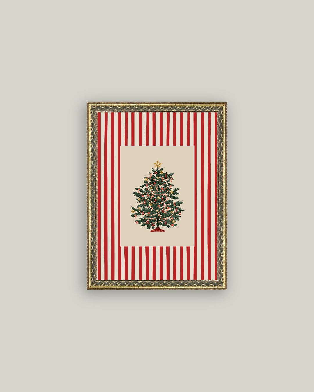 Peppermint Stripe Tree Framed Antique Art: 8x10