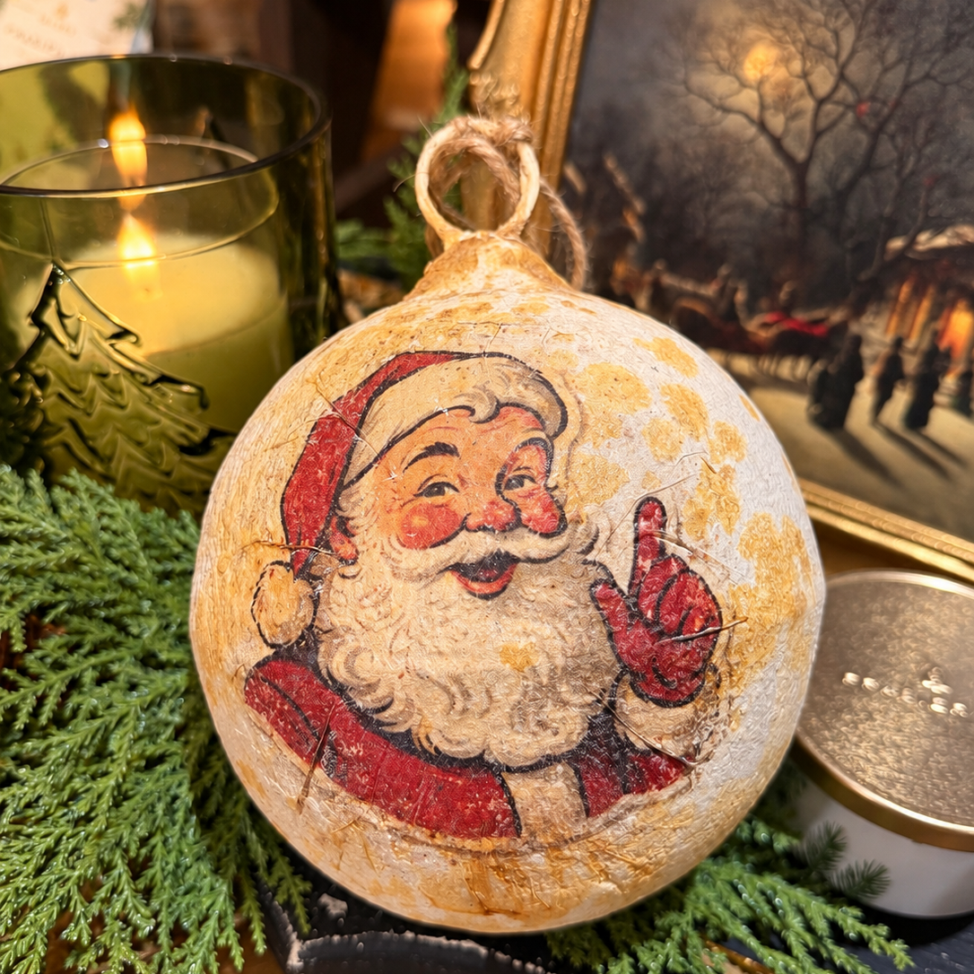 Happy Santa Metal Ball Ornament 6 inch