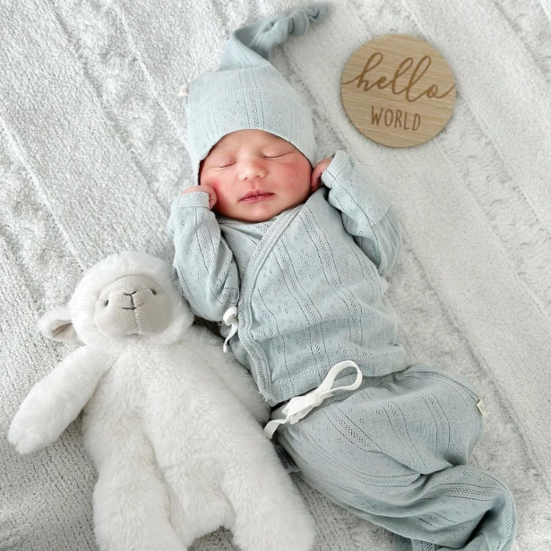 Elegant Baby Blue Organic Pointelle Layette Bag Set, folded