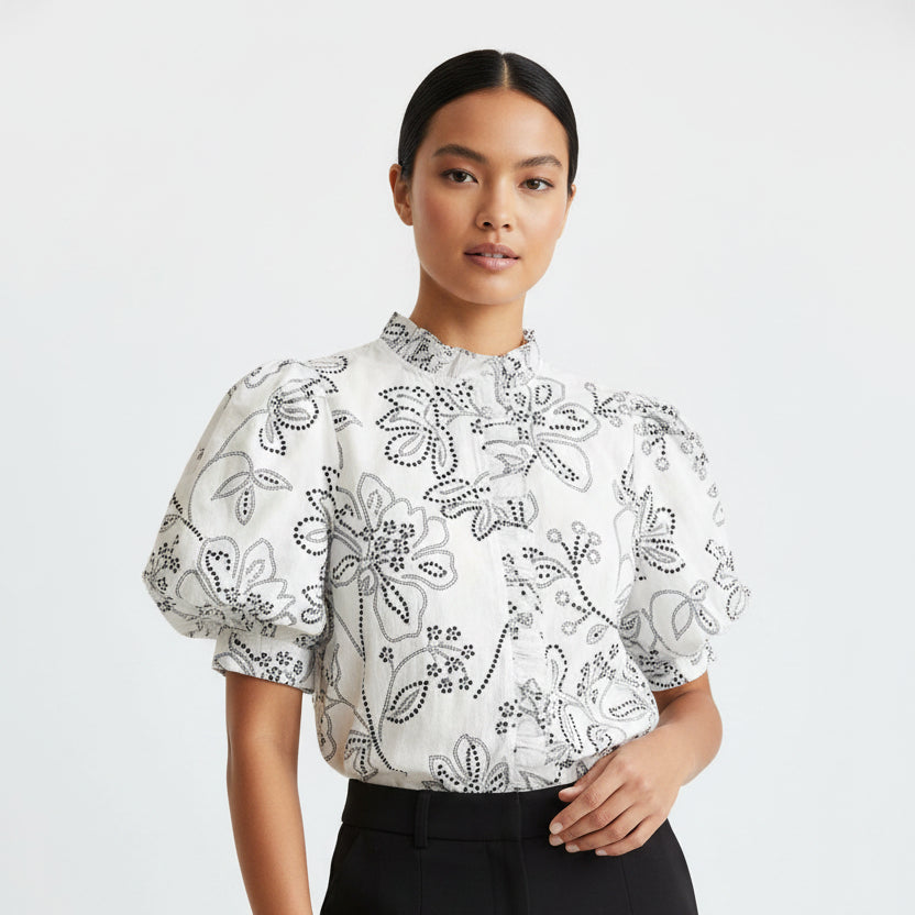 Ruffle Blouse in White and Navy Blue