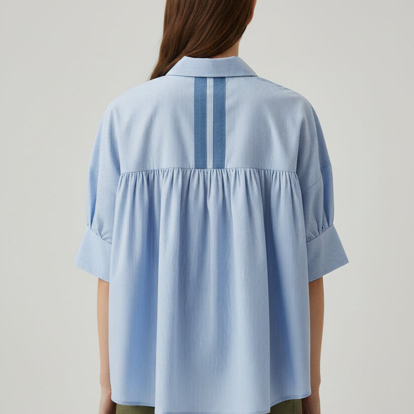 Blue Button Down Top with Ribbon Detail