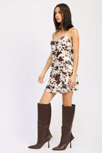 Cow Print Cowl Neck Mini Satin Dress