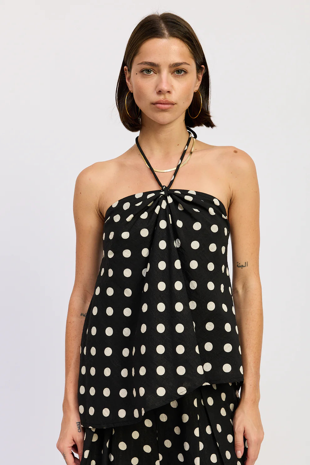 Linen Polka Dot Halter Tank Black