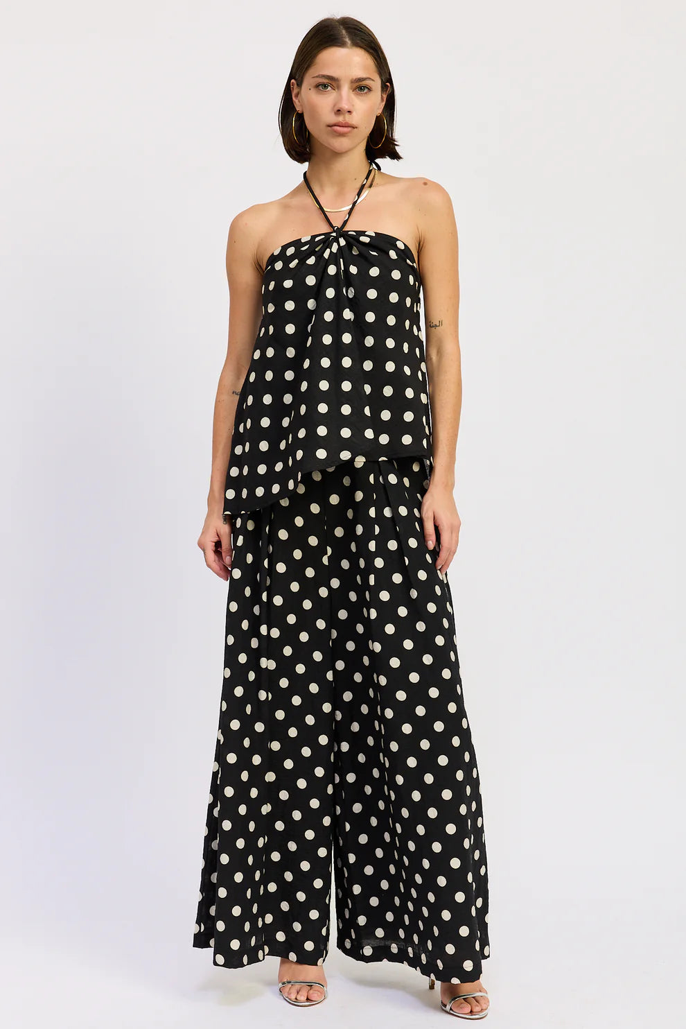Linen Polka Dot Halter Tank Black