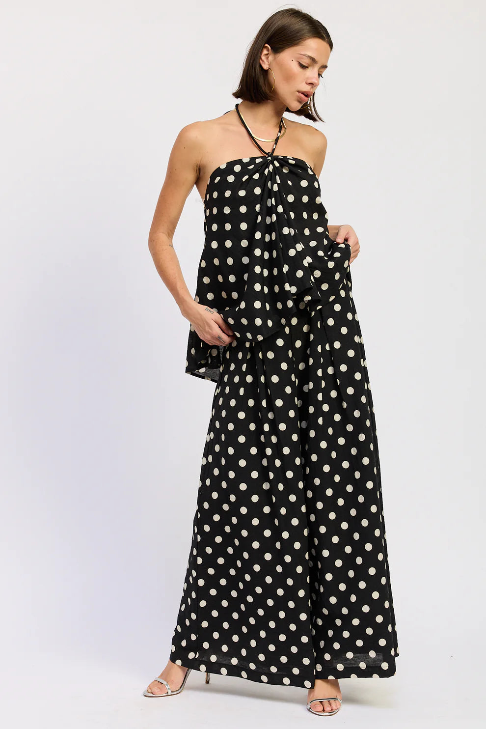 Linen Polka Dot Halter Tank Black