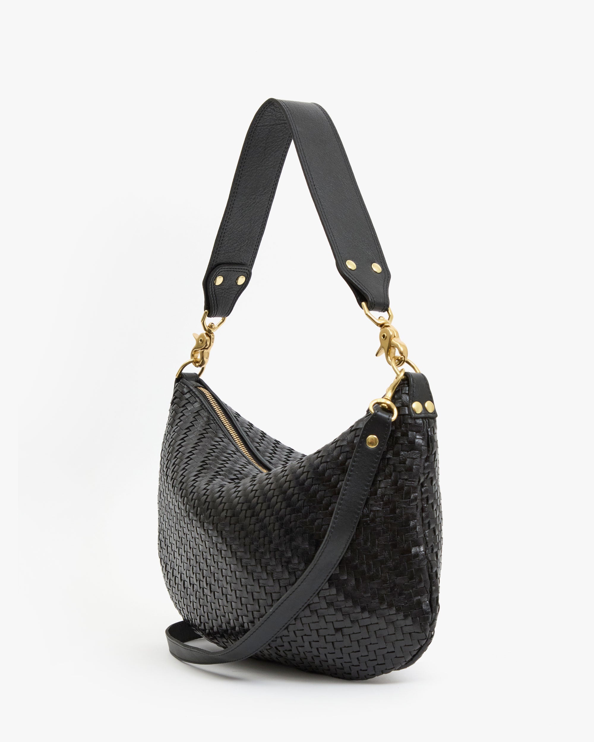 Clare V Moyen Messenger in Black Woven Zig-Zag - back