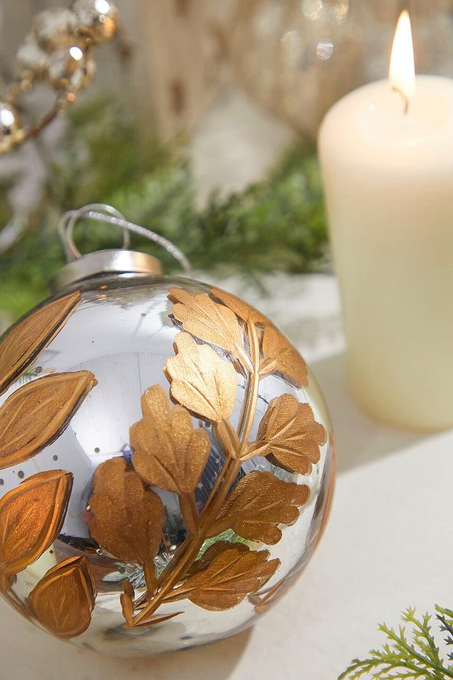 Round Antique Mercury Glass and Botanical Gold Etched 4" Ornament