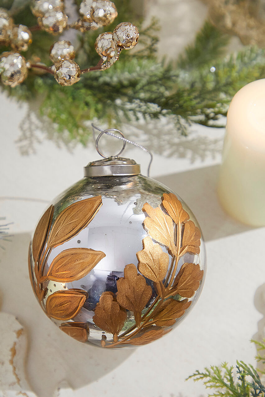 Round Antique Mercury Glass and Botanical Gold Etched 4" Ornament