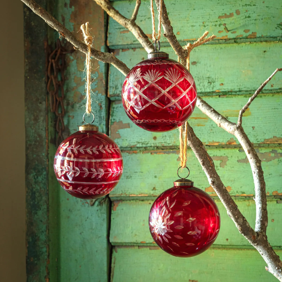Christmas Red Glass Etched 4 inch Ball Ornaments, Set of 3