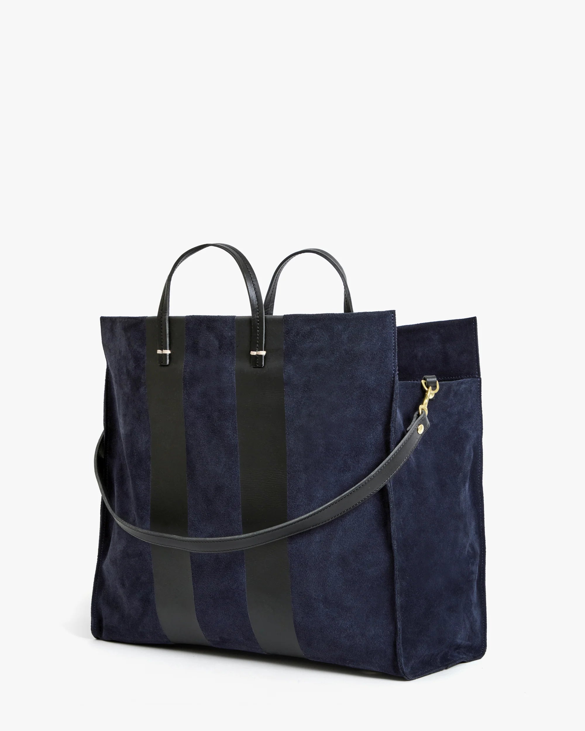 Clare V Simple Tote Navy Suede w/ Racing Stripes