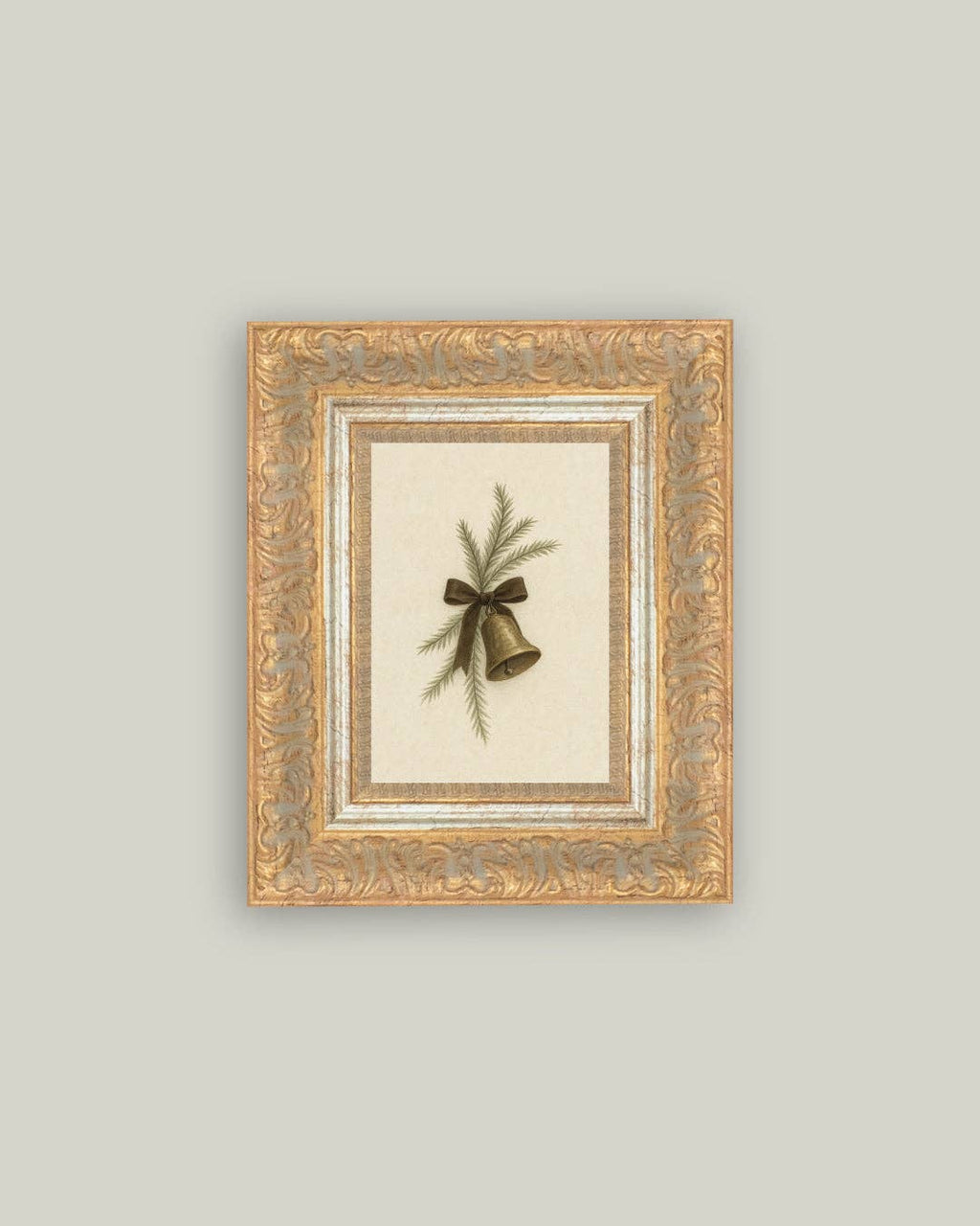 Bell with Pine Framed Antique Art: 7x9