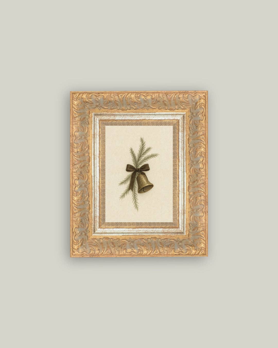 Bell with Pine Framed Antique Art: 7x9