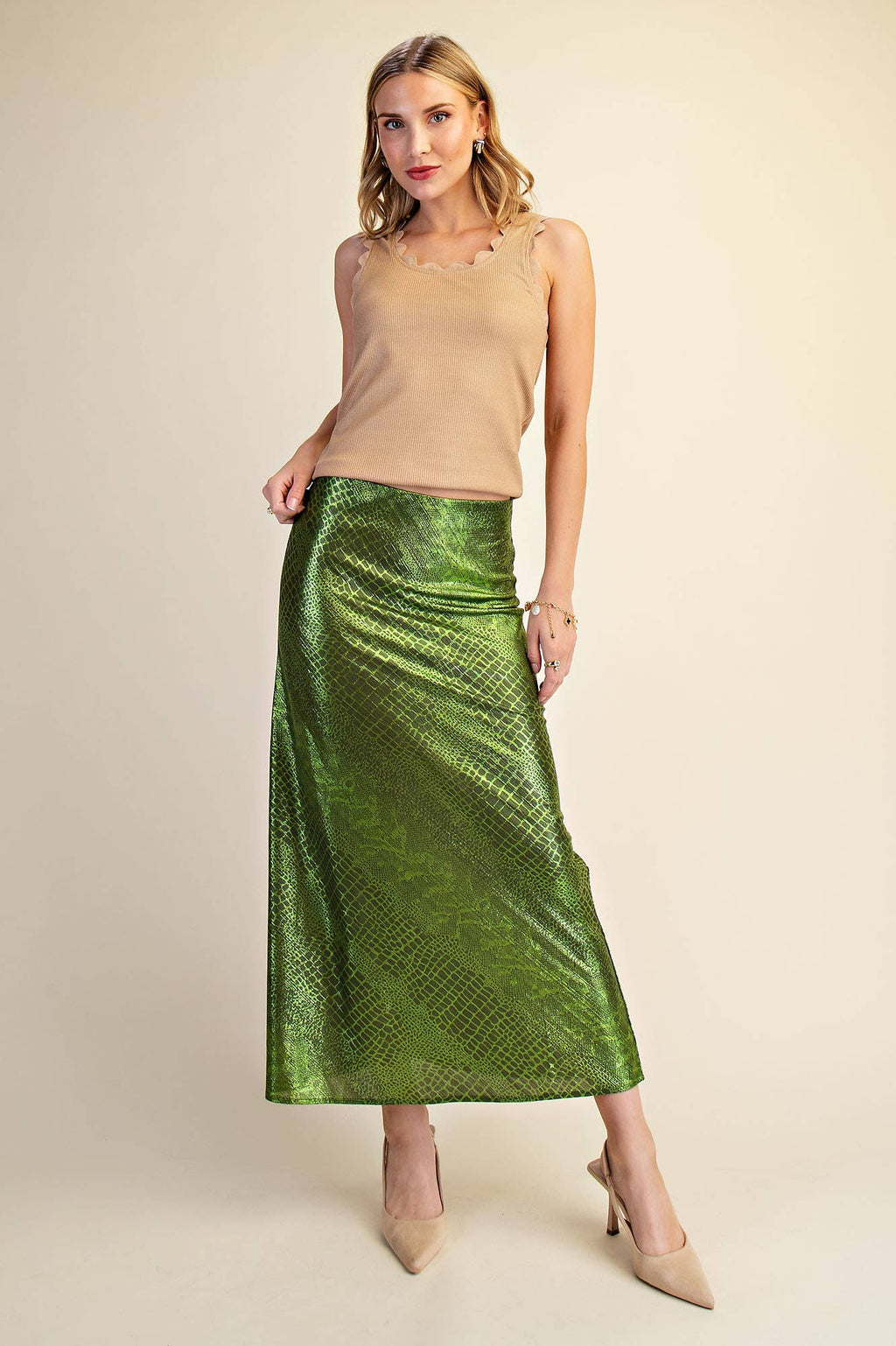 Metallic Animal Print Midi Skirt: Silver / M