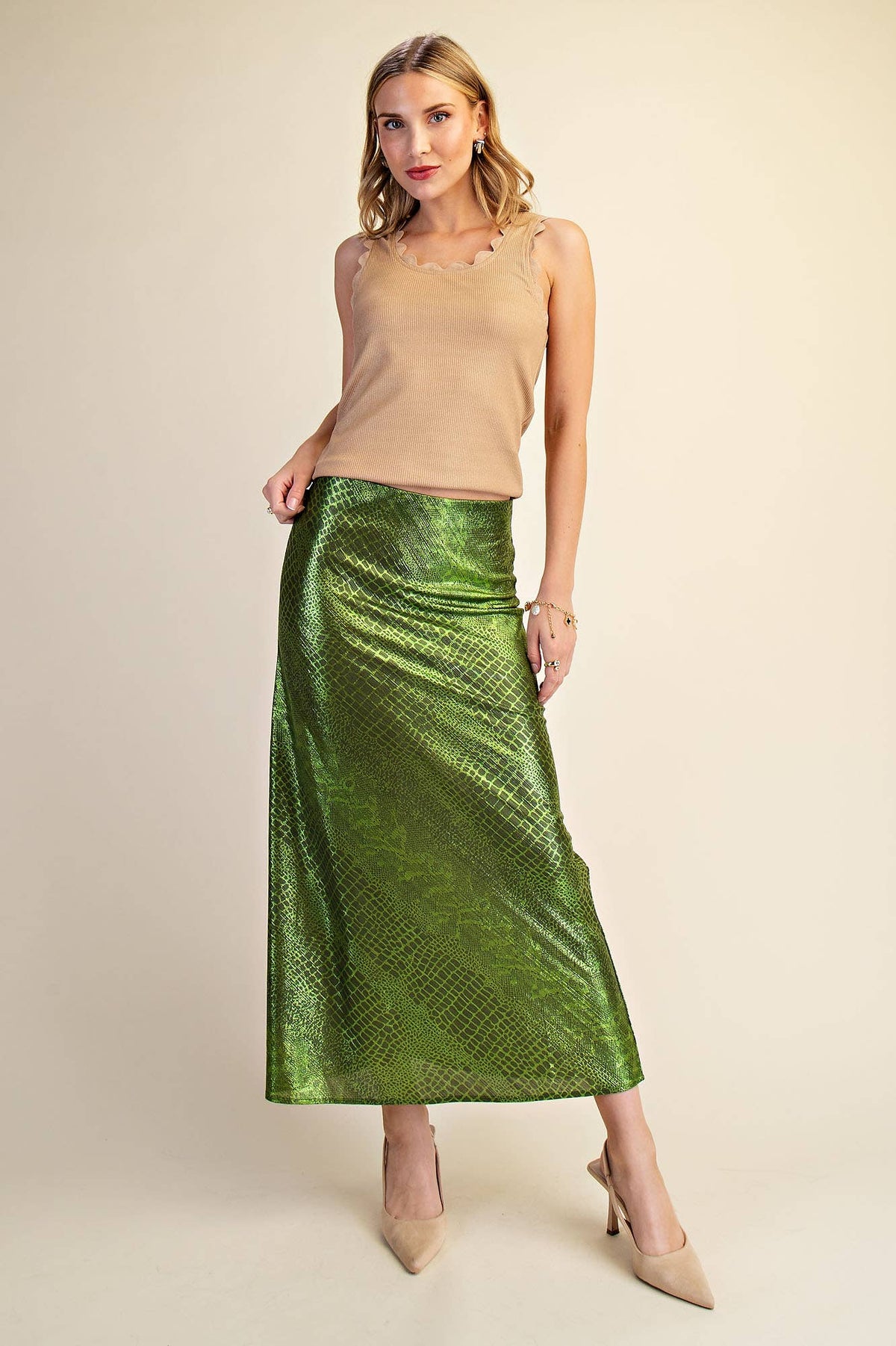 Metallic Animal Print Midi Skirt: Silver / M