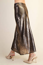 Metallic Animal Print Midi Skirt: Silver / S