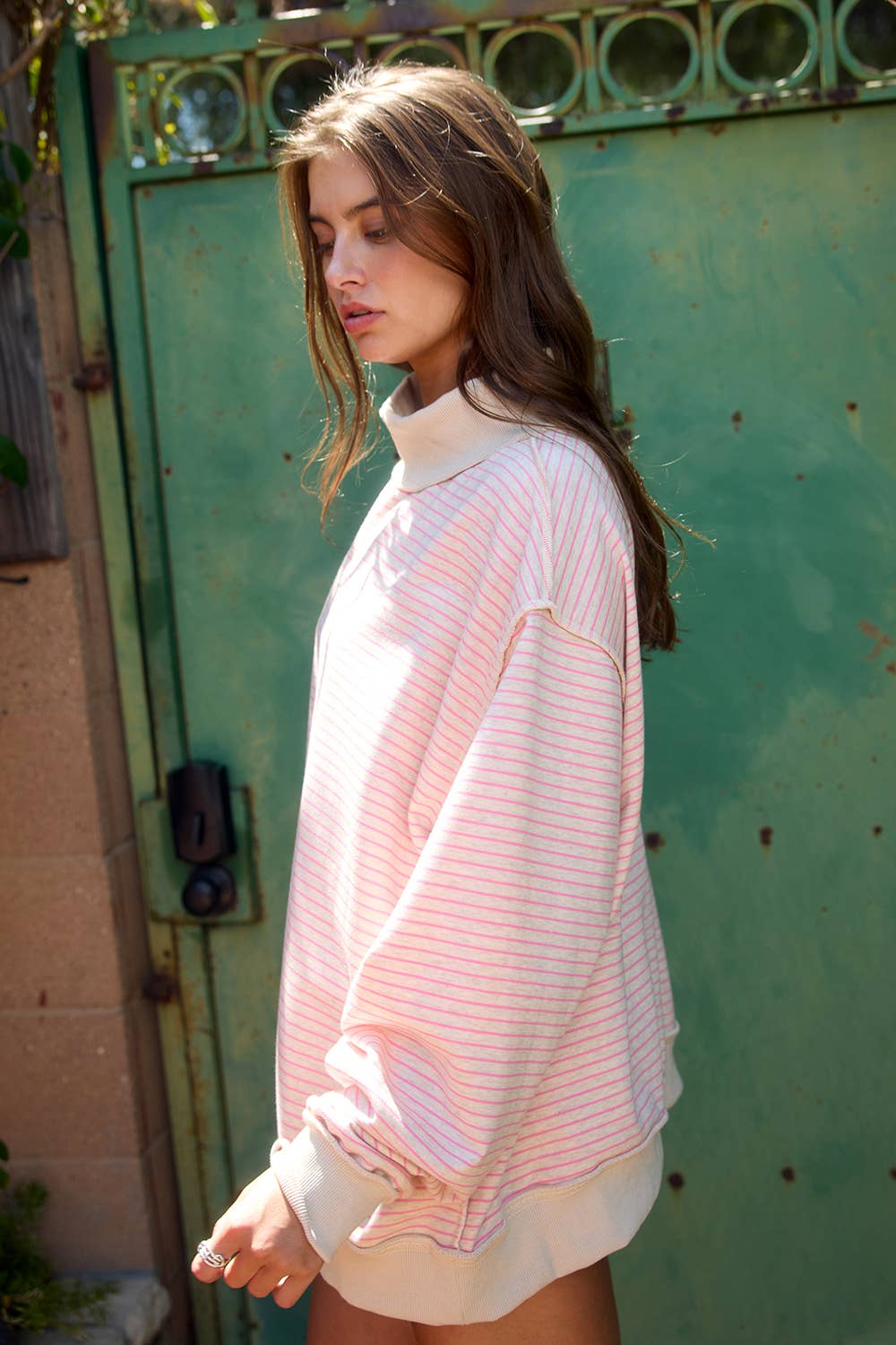 IT2594-STRIPE1 | Stripe Print Mock Neck Oversized Sweatshirt: PEACH / BLUE / S/M-L/XL (3-3)