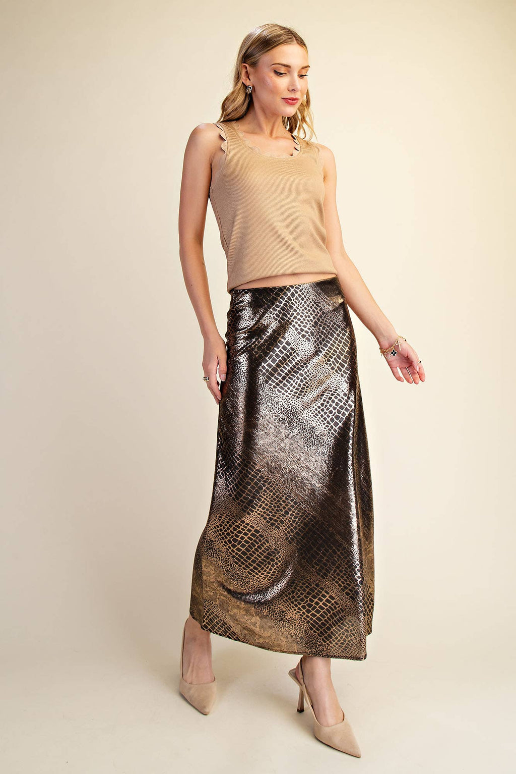 Metallic Animal Print Midi Skirt: Silver / S